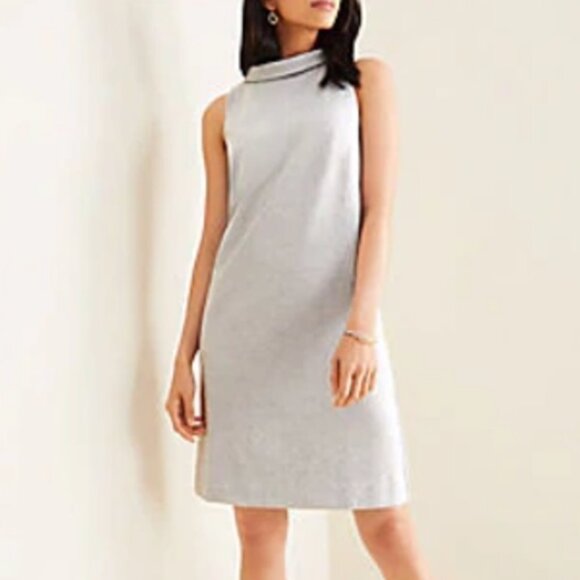 Women Ann Taylor Herringbone Mock Neck Shift Dress In Light Gray Size Medium - Picture 1 of 8